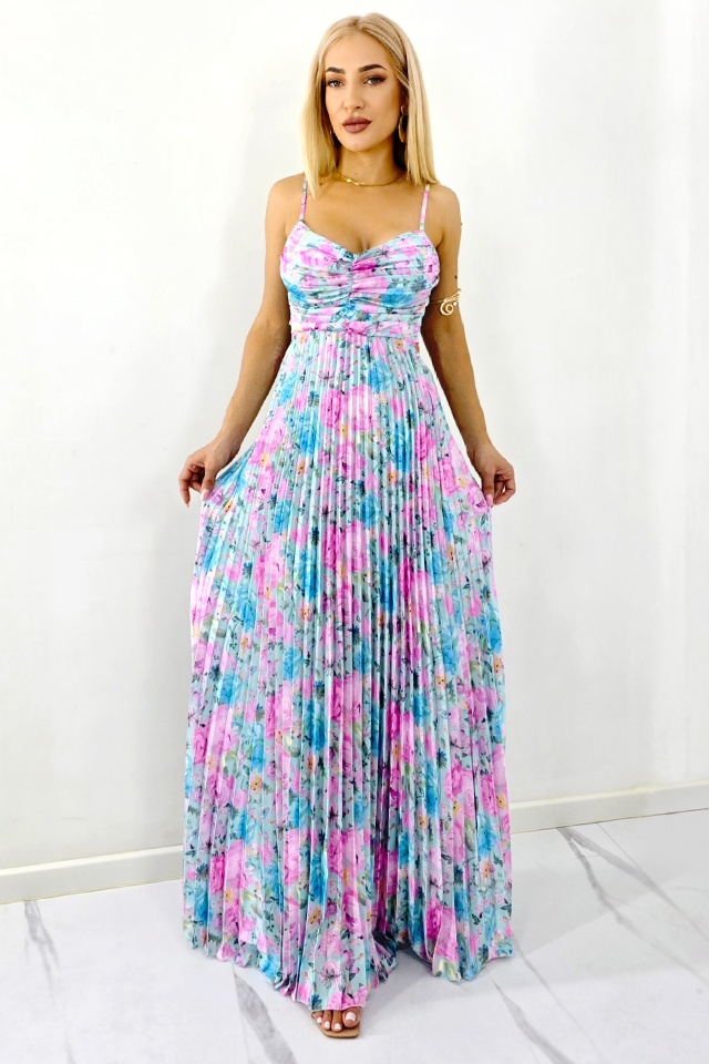 Rochie plisata de zi NYSA, cu funda la spate, BLUE/ROZ, Marime S/M
