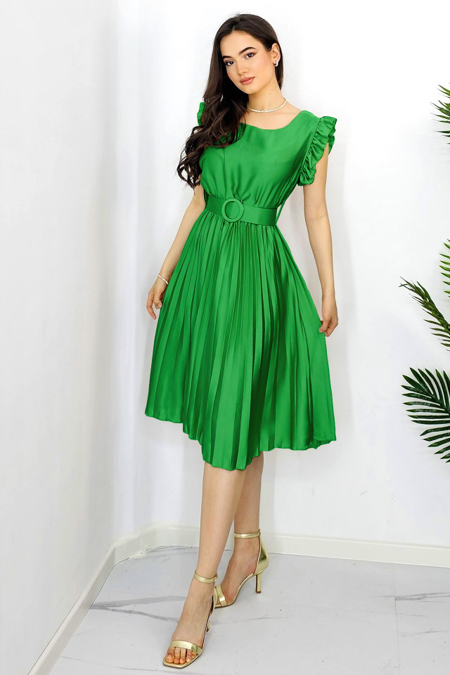 Rochie plisata midi, Elenor, cu volanase si curea asortata, Verde , Marime universala S/M