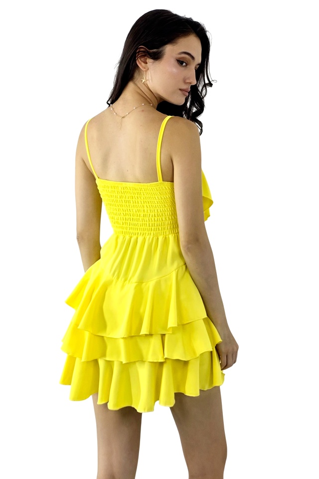 Rochie scurta AUGUSTina, babydoll cu volane asimetrice, Galben