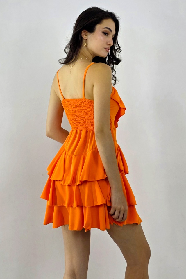 Rochie scurta AUGUSTina, babydoll cu volane asimetrice, Orange, Marime S/M