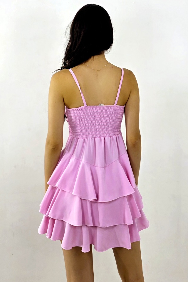 Rochie scurta AUGUSTina, babydoll cu volane asimetrice, ROZ, Marime S/M