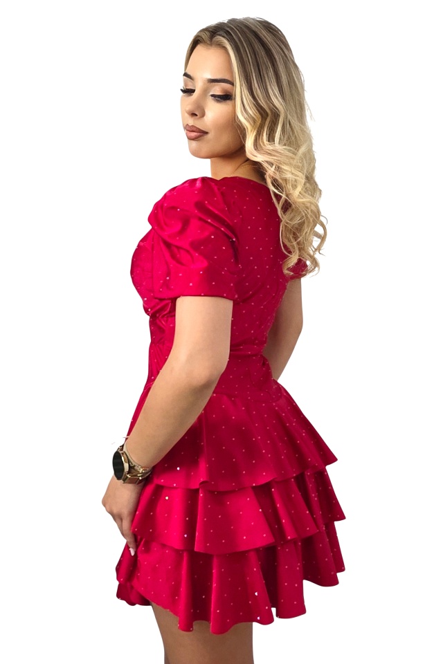 Rochie scurta de banchet, NAYABI, cu volane si cristale, Rosu, Marime S/M