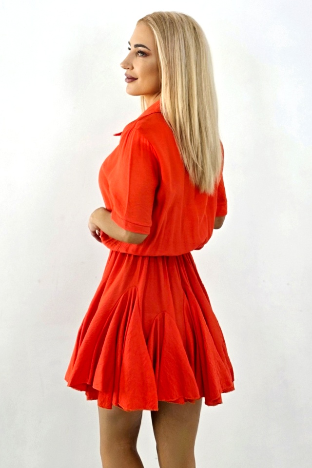 Rochie scurta, de zi, Peony, cu volum si volane, Portocaliu, Marime S/M