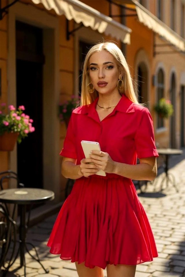 Rochie scurta, de zi, Peony, cu volum si volane, Rosu, Marime S/M