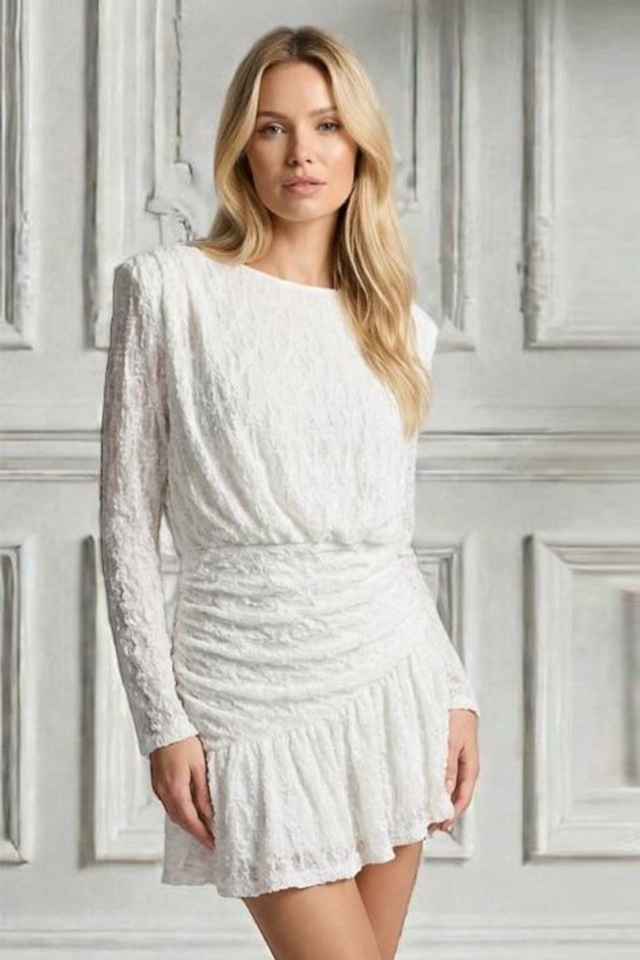 Rochie scurta, din dantela, Lunara, cu volane si elastic in talie, ALB, Marime S/M