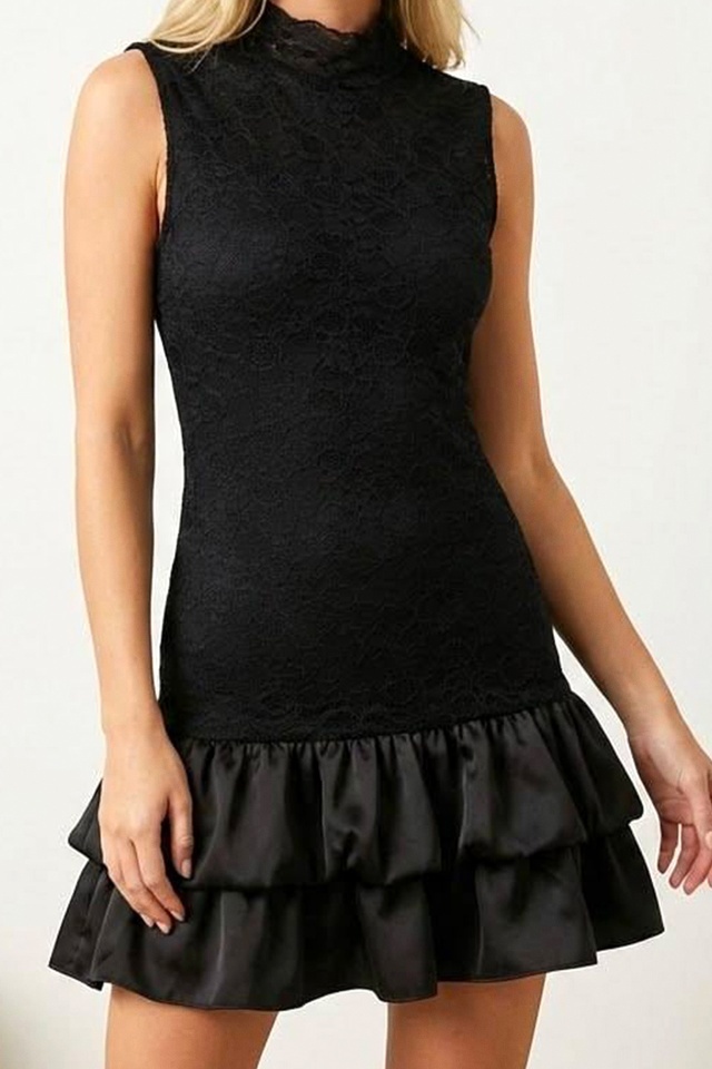 Rochie scurta, satinata IVORIA, cu dantela si guler inalt, Negru, Marime S/M