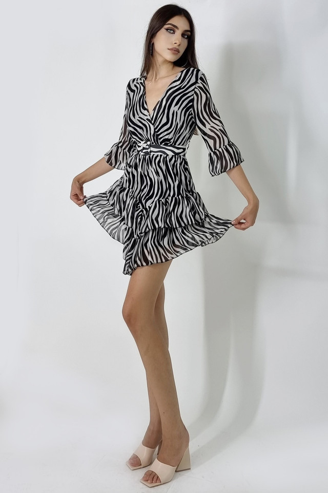 Rochie vaporoasa Evelina, din voal, maneca trei sferturi si curea inclusa, Animal print zebra, Marime universala S/M - 1 | YEO