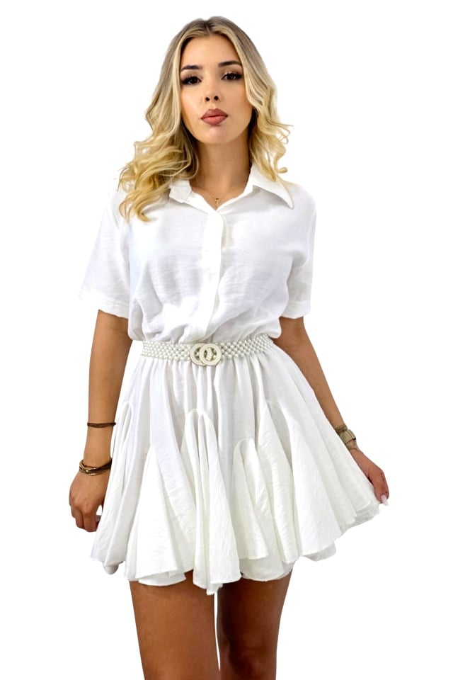 Rochie vascoza cu volane Peony Pearl, tip camasa si curea inclusa, Alb, Marime S/M