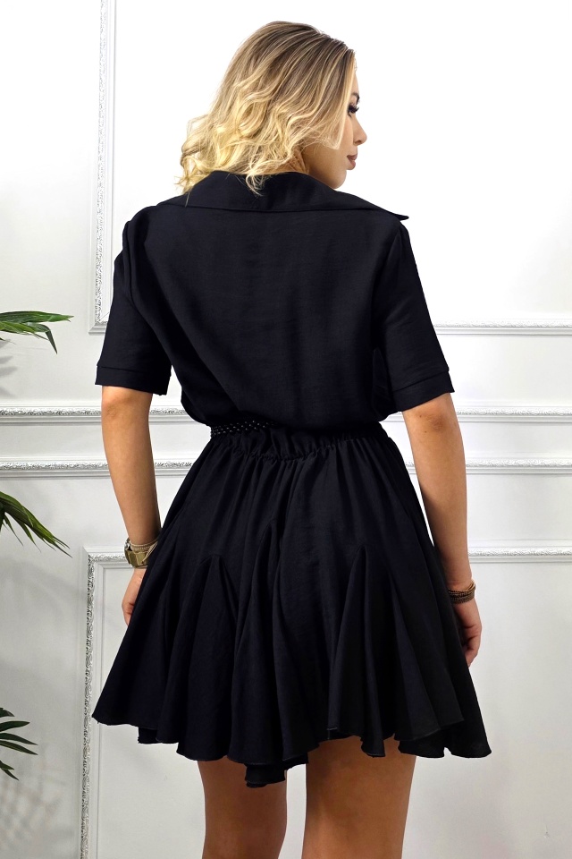 Rochie vascoza cu volane Peony Pearl, tip camasa si curea inclusa, Negru, Marime S/M