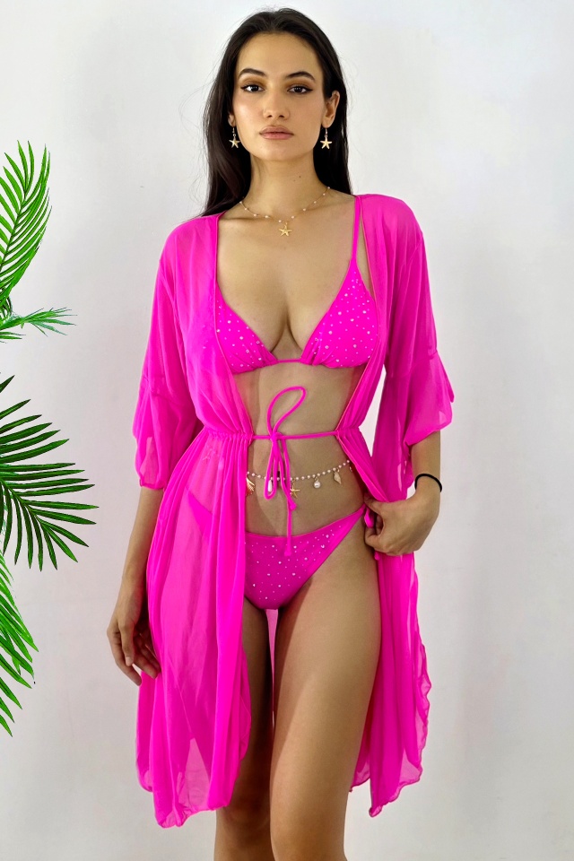 Set de plaja trei piese NaLLa-Zeny, cardigan si costum de baie cu paiete, Fucsia