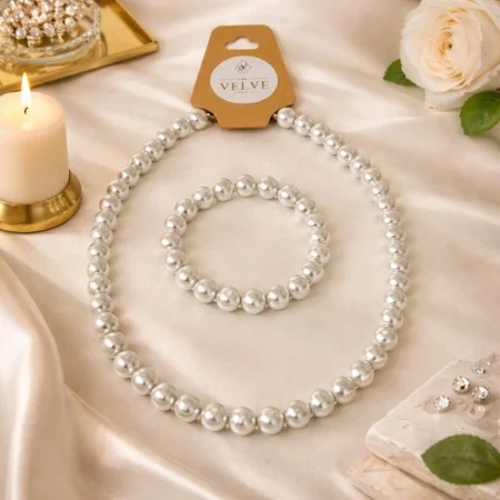 Set perle Mallorca albe, colier si bratara asortata, 12 mm