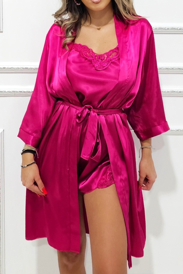 Set satinat din trei piese, Alisia, halat, pantalon scurt si top cu insertii din dantela, Fucsia, Marime S/M - 2 | YEO