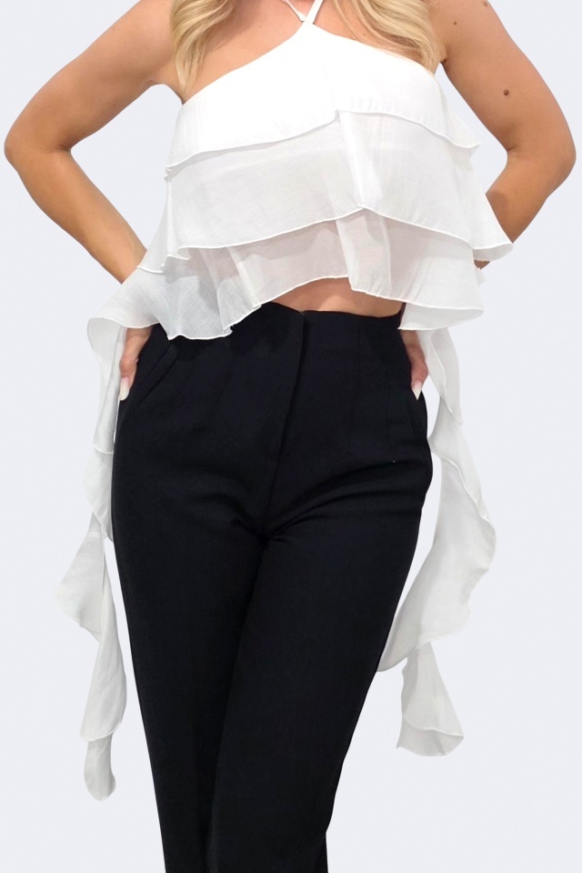 Top elegant asimetric Yuna, cu volane oversize petrecute, Alb, Marime S/M - 2 | YEO