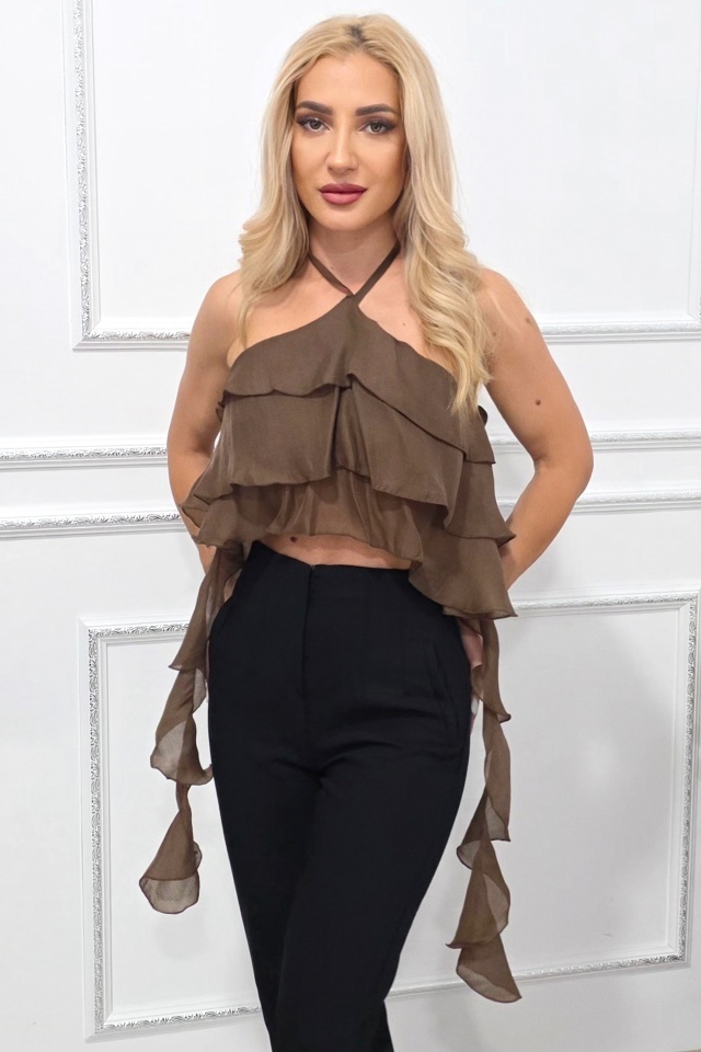 Top elegant asimetric Yuna, cu volane oversize petrecute, Maro, Marime S/M - 3 | YEO