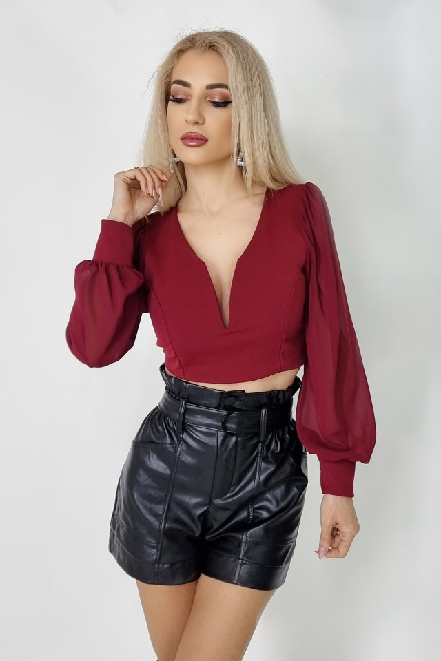 Top scurt Katarina, cu maneci bufante, Bordo, Marime universala S/M - 3 | YEO