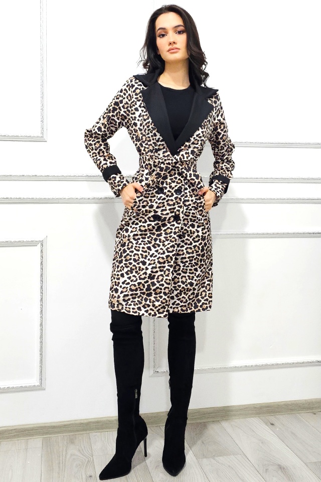 Trenci animal print Viviane, cu revere contrastante si cordon asortat, Bej Leopard