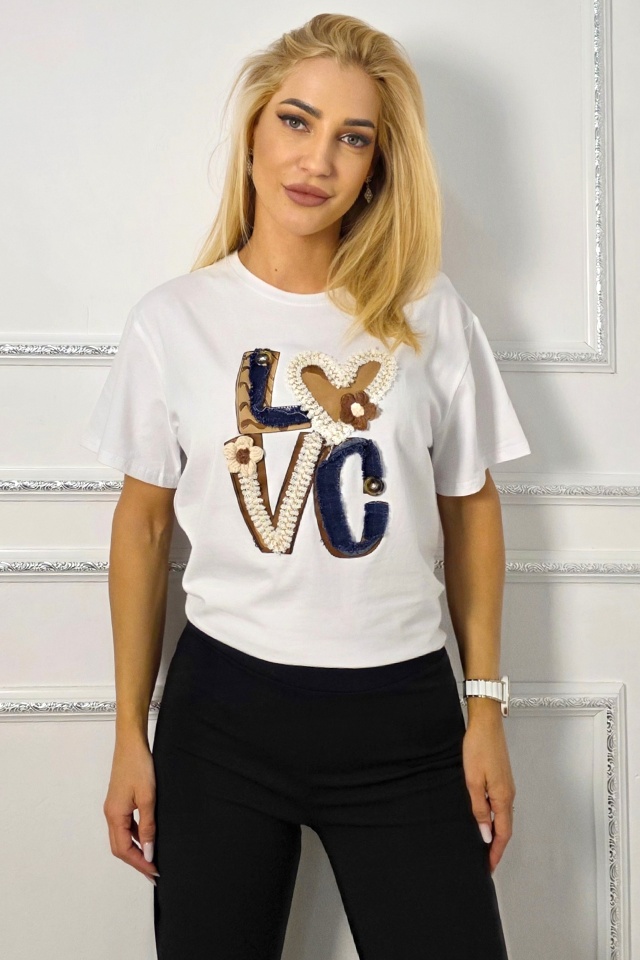 Tricou bumbac NOREA, cu imprimeu in relief, LOVE Alb - 3 | YEO