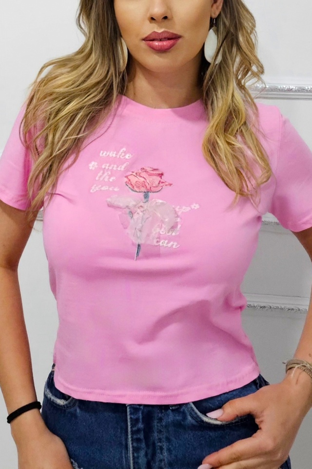 Tricou crop motivational AMOO, cu imprimeu floral si tull, Roz - 2 | YEO