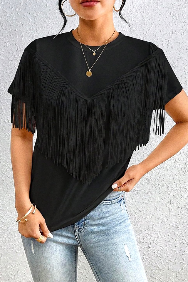 Tricou dama Fringe Chic Tee, cu lungime medie si franjuri asimetrici, Negru - 3 | YEO