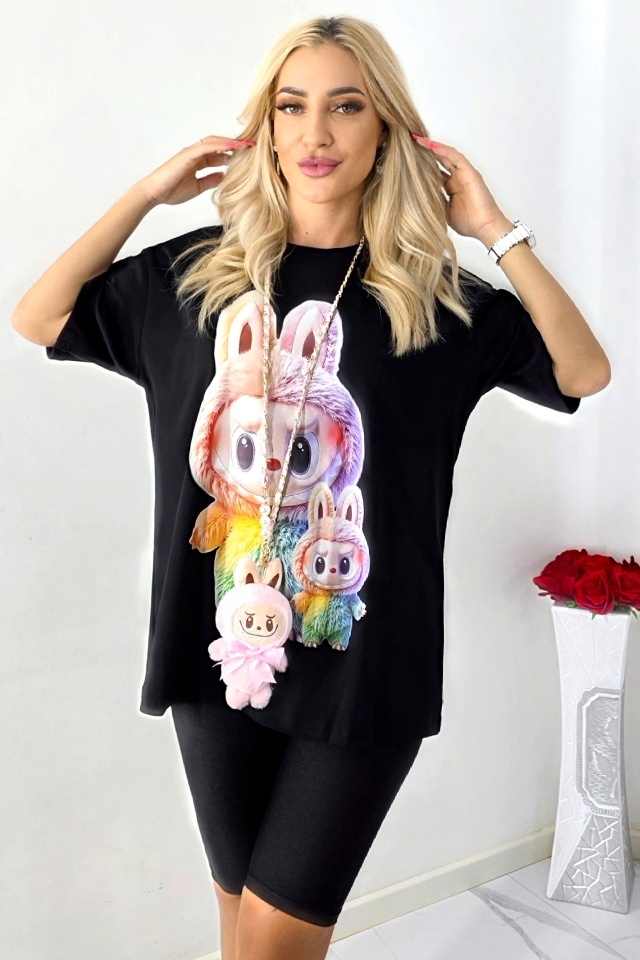 Tricou imprimeu realist BuBu TOY si colier cu jucarie plus, Negru, Marime S/M/L
