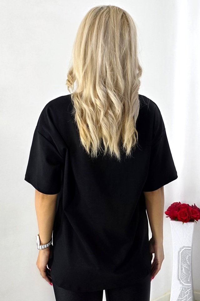 Tricou lung imprimat La BuBu, cu perle si cristale colorate, Negru, Marime S/M/L - 1 | YEO