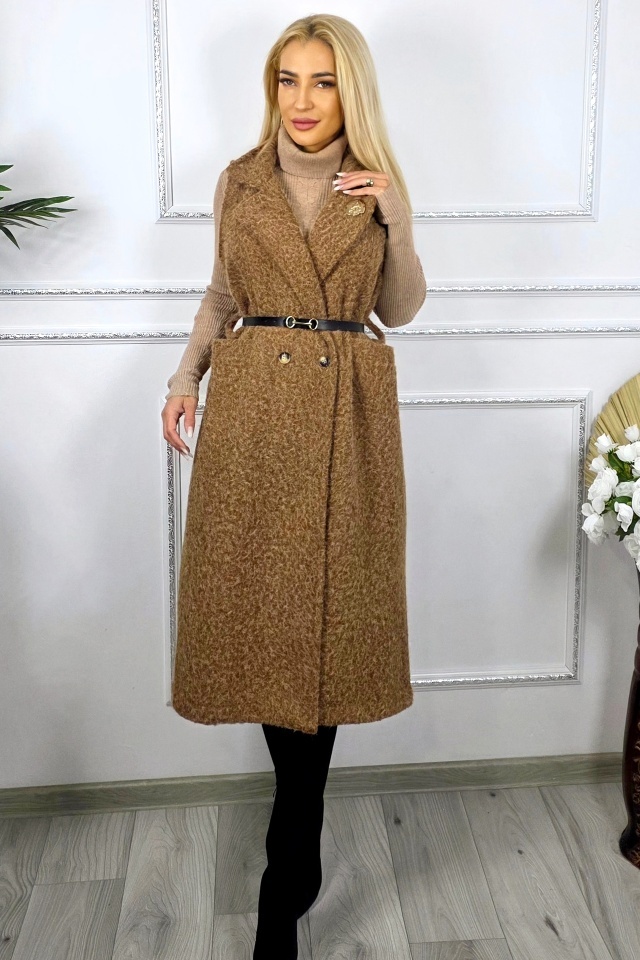 Vesta lunga de dama SILVANA, cu brosa si curea incluse, Maro, Marime S/M/L
