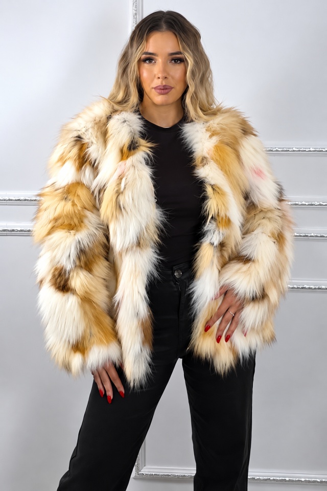 Blana naturala de vulpe FELYNA, cu buzunare laterale, Crem/BEJ, Marime S/M/L — imaginea 3