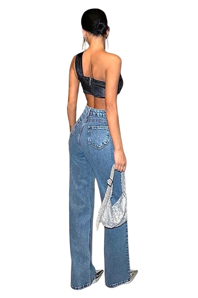 Blugi dama Stone Crystal, croiala wide leg cu elastan si paiete, Albastru deschis