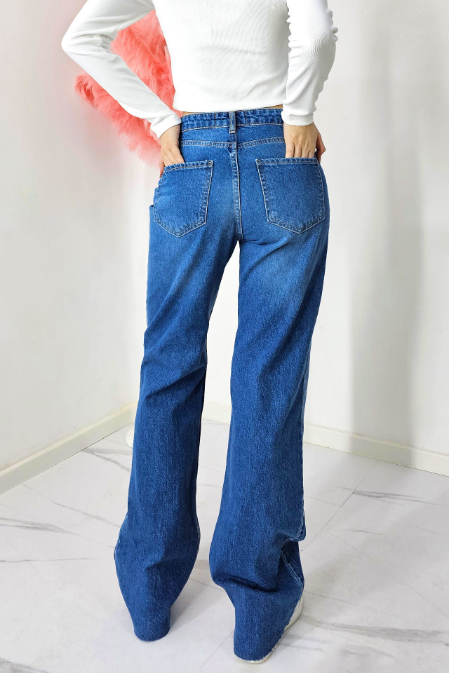 Blugi mom fit baggy ReBELLE, cu talie inalta si croi drept, Albastru denim