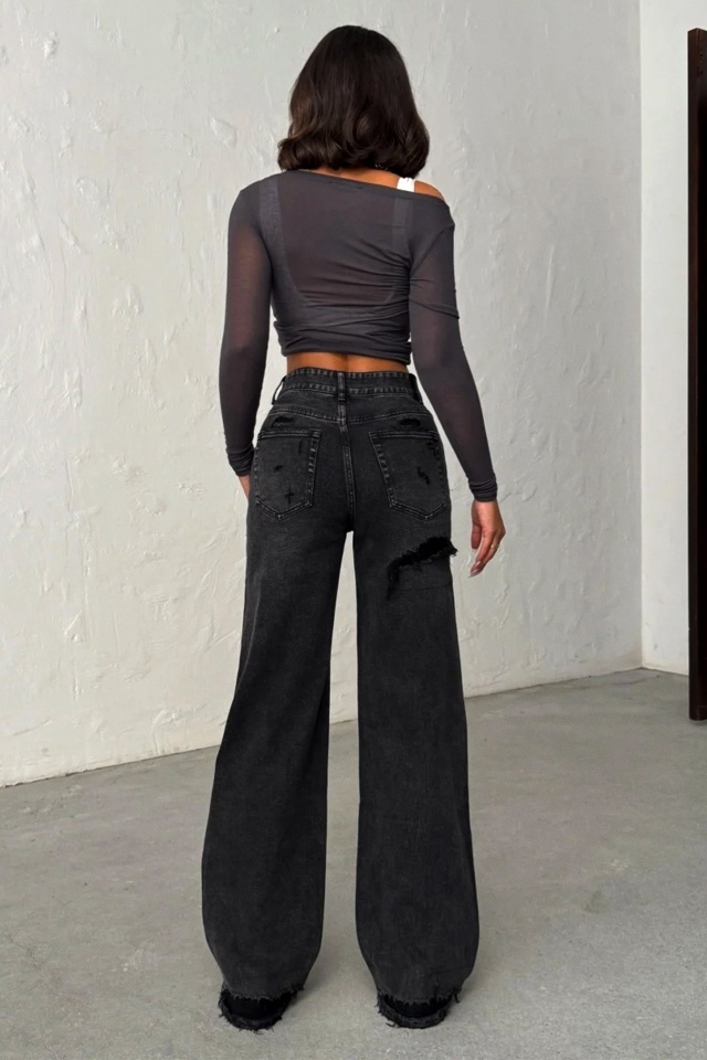 Blugi wide leg cu elastan, MYLANO si perforatii, Negru Antracit