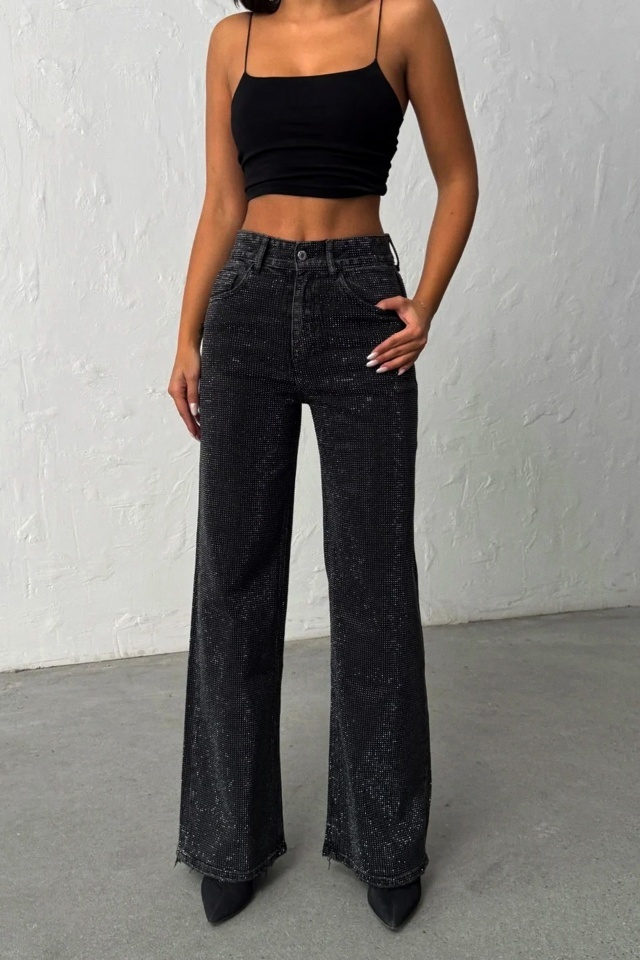 Blugi wide leg cu elastan, MYLANO si strasuri, Negru