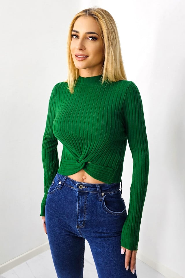 Bluza casual Claudine, cu guler inalt si detaliu impletit, Verde - 3 | YEO