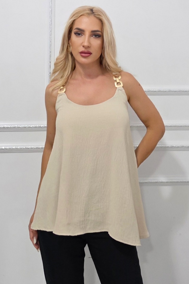 Bluza creponata AiRA, detalii metalice si croi asimetric, Bej, Marime S/M Bluza creponata AiRA, detalii metalice si croi asimetric, Bej, Marime S/M