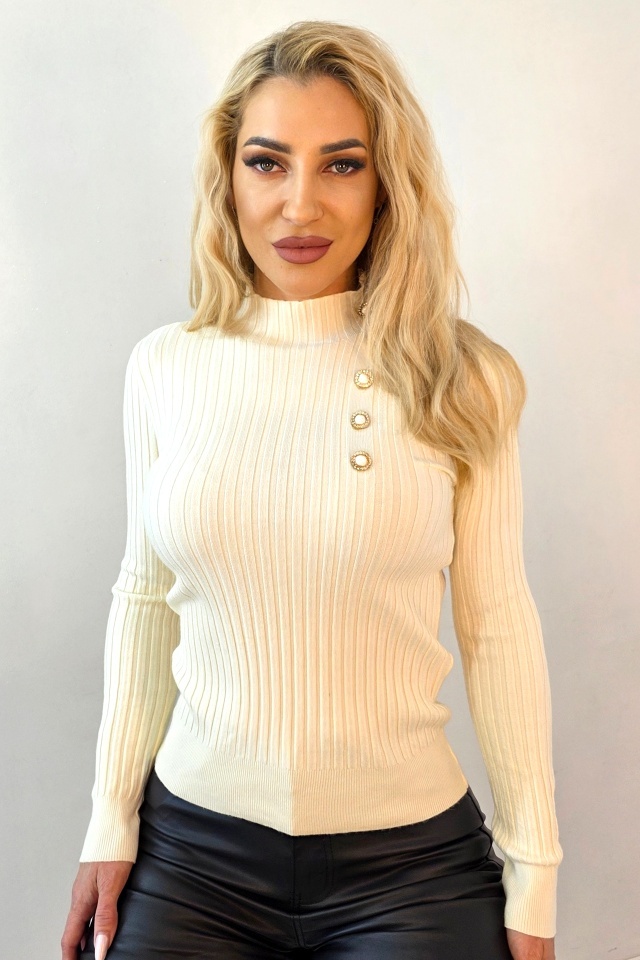 Bluza de dama ELORIA, cu guler inalt si nasturi perlati, Crem