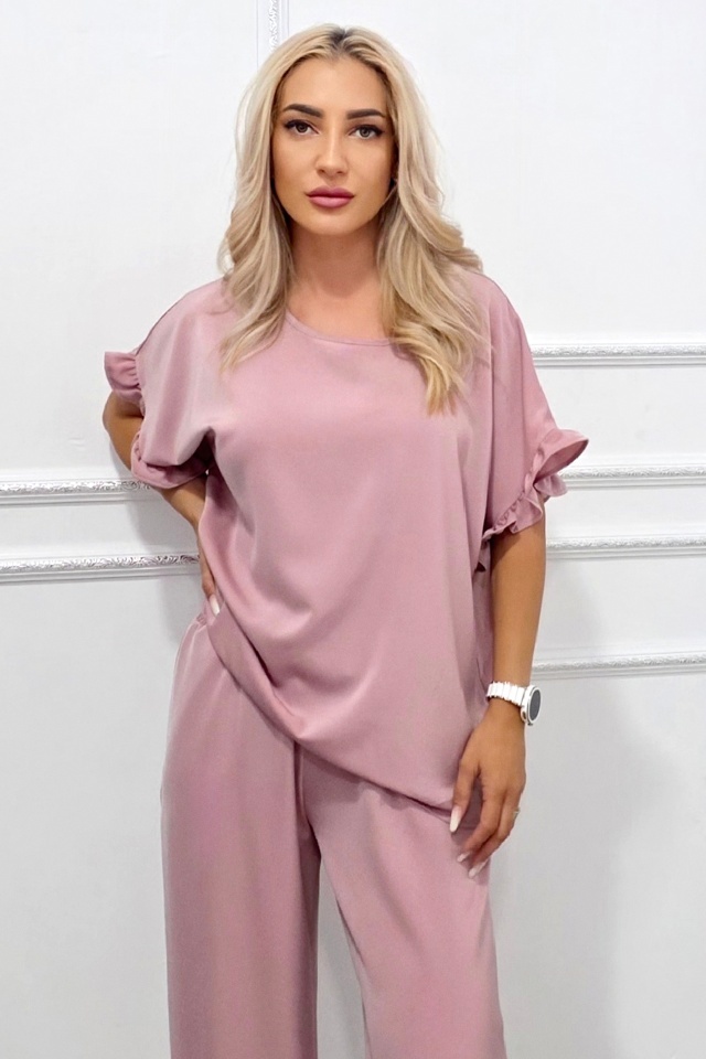 Bluza vaporoasa NORYA, cu maneca scurta si volane, Roz pudrat