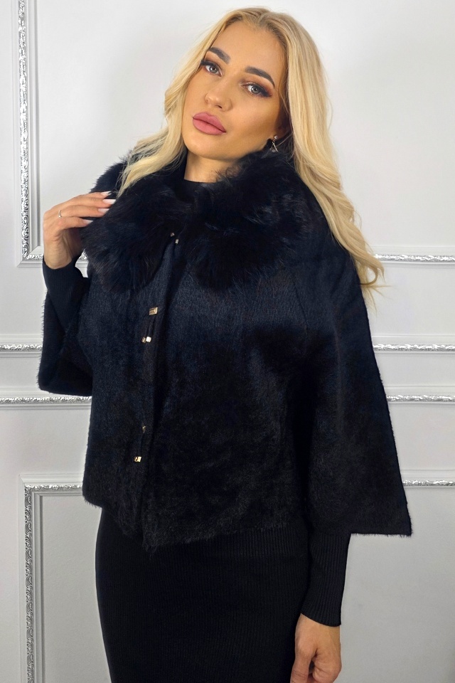 Bolero cu guler imblanit TONYA si inchidere capse, Negru, Marime S/M