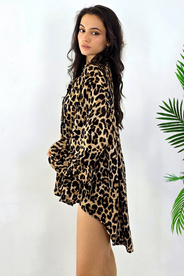 Camasa de ocazie Sugar LoLLy, cu volane si croi supradimensionat, Leopard, Marime S/M/L - 1 | YEO