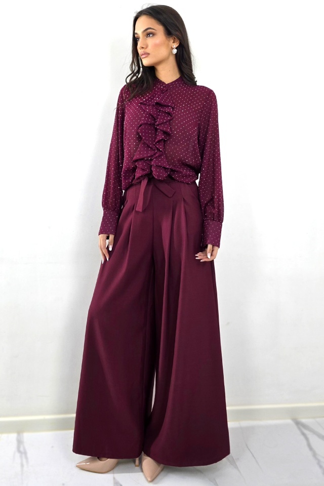 Camasa eleganta de dama Daliah cu volane si buline, Burgundy, Marime S/M - 2 | YEO