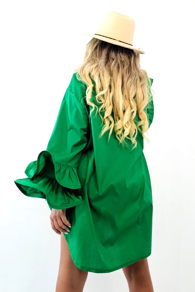 Camasa eleganta Sugar LoLLy, maneci cu volane si croi supradimensionat, Verde, Marime S/M/L - 1 | YEO