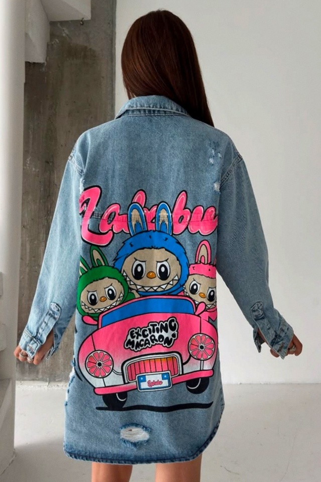 Camasa lunga denim perforat Tunik, imprimeu cu grafica realista si cromatica dinamica, La BUBU Macaron