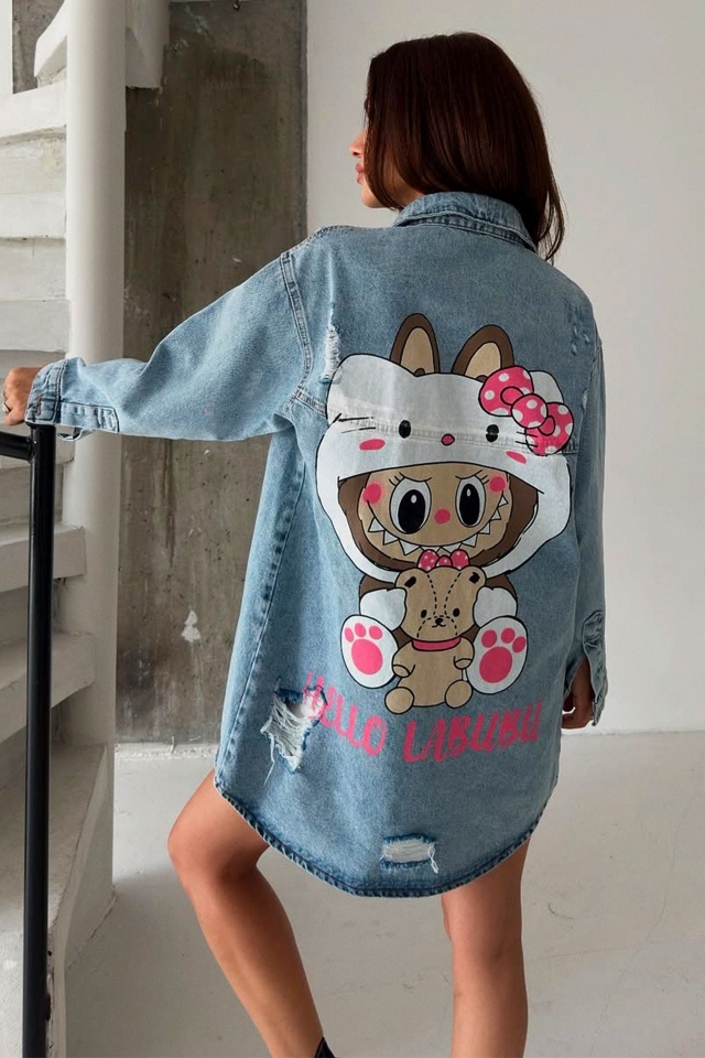 Camasa lunga denim perforat Tunik, imprimeu cu grafica realista si cromatica dinamica, HeLLo La BUBU