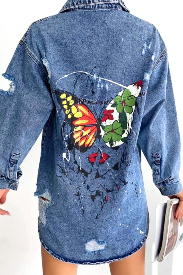 Camasa lunga din denim, Sahar, cu perforatii, Butterfly, Albastru inchis - 1 | YEO