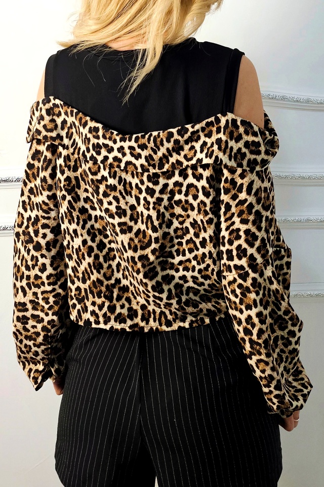 Camasa satinata de dama ATLAZ, cu imprimeu uni si animal print, Leopard, Marime S/M - 3 | YEO