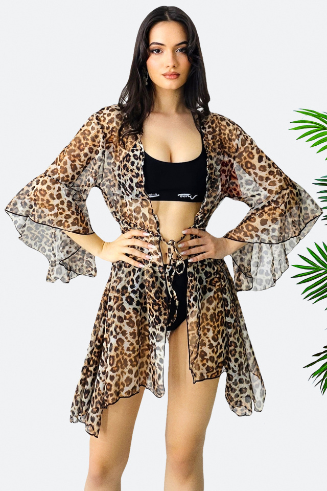 Cardigan scurt de plaja ZyZy, cu maneca evazata si snur in talie, Animal print Leopard