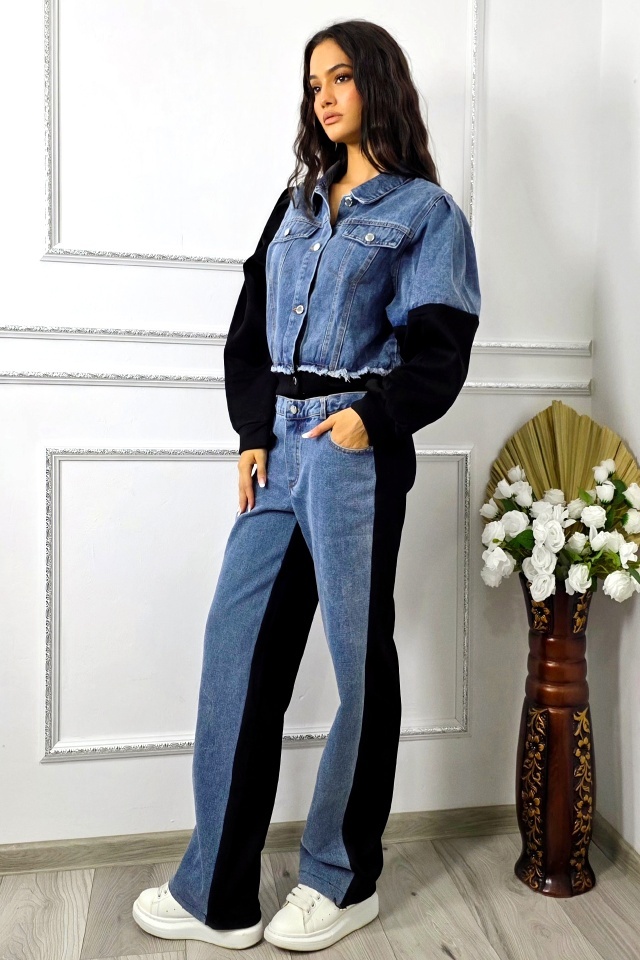 Compleu bumbac si denim Samya, pantaloni si jacheta cu butoni, Negru, Marime S/M - 3 | YEO