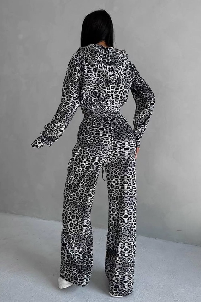 Compleu casual catifea, Savage, pantaloni largi si hanorac cu fermoar, Negru Leopard