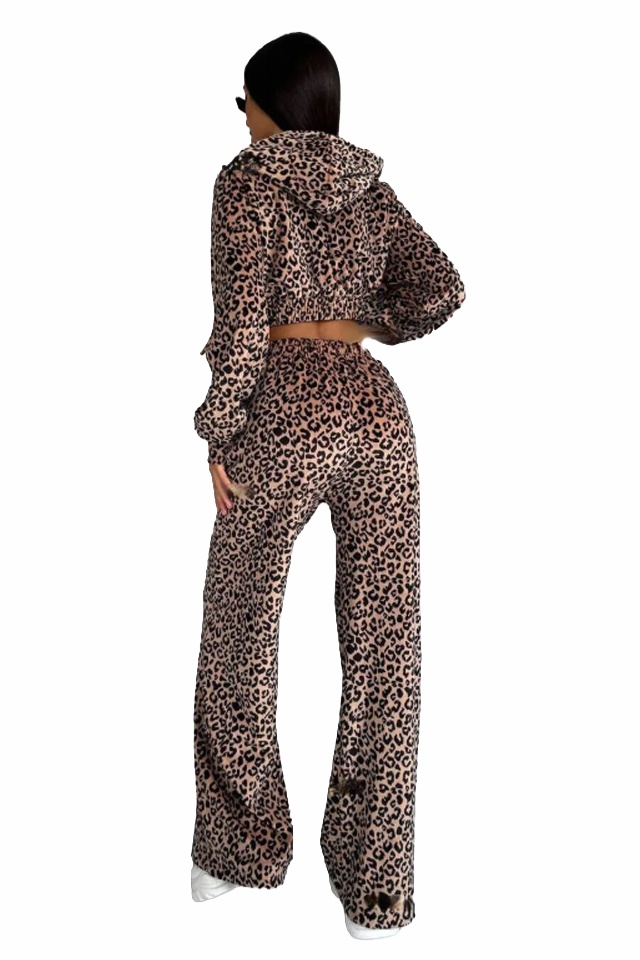 Compleu casual de dama, Savage, pantaloni largi si hanorac cu fermoar, BEJ Leopard
