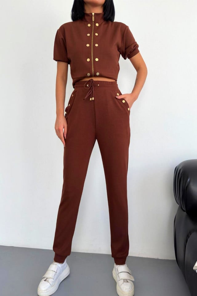 Compleu casual NonCom, bluza lejera cu maneca scurta si pantaloni cu snur, Maro