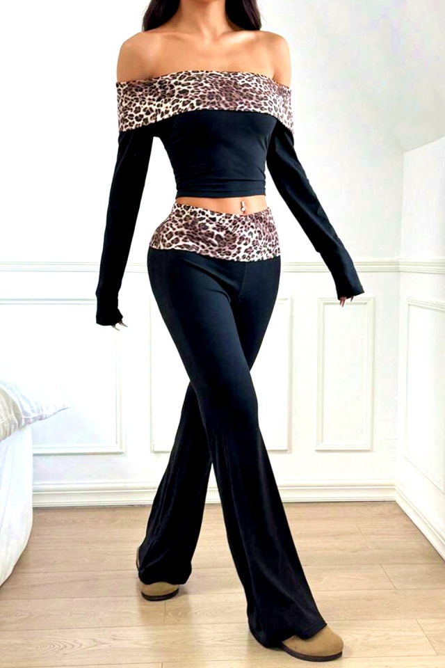 Compleu casual pentru femei MUZA, cu umerii goi si pantaloni evazati, Animal Print Negru-Leopard