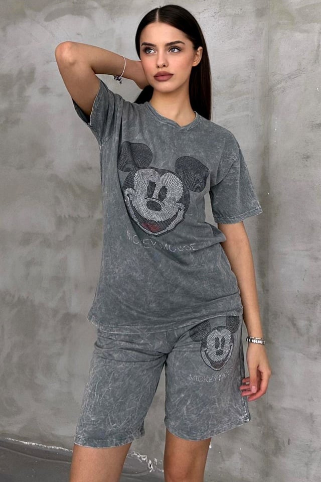 Compleu casual RUDY, pantaloni scurti si tricou cu paiete, Gri Mickey